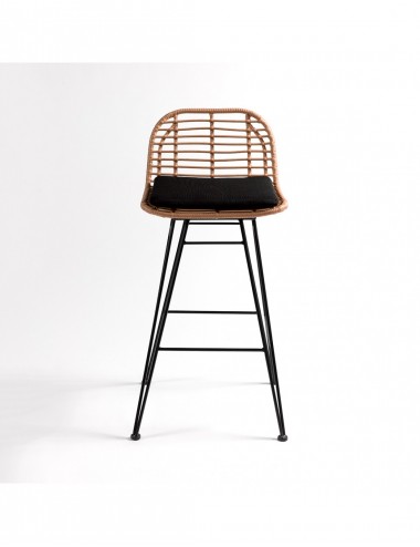 Taburete de Ratán Sintético Patas y Cojín Negro, vista Frontal