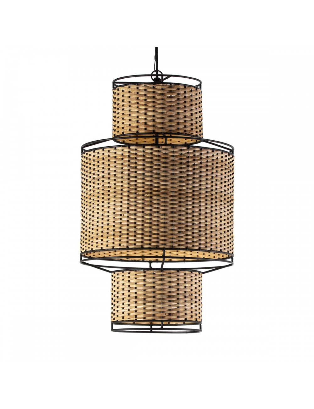 Lámpara de Techo de Metal Negro y Ratán Natural