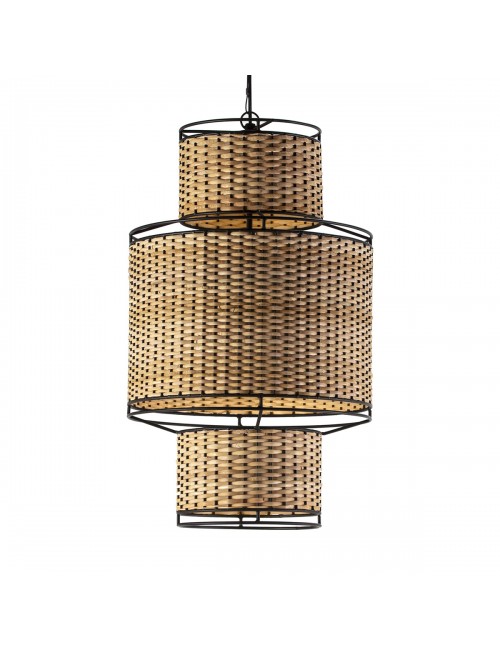 Lámpara de Techo de Metal Negro y Ratán Natural