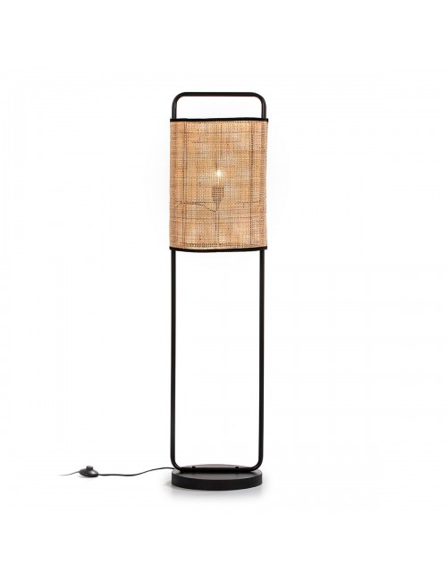 Lámpara de Pie en Metal Negro y Ratán Natural